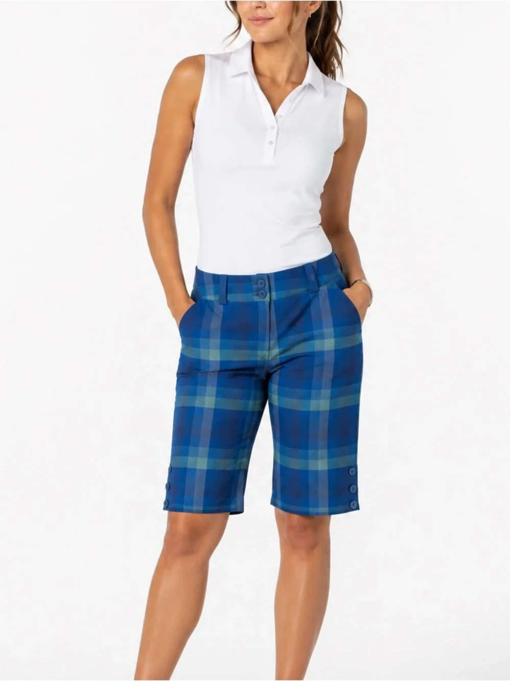 Nike Golf Dri-FIT Blue Plaid Bermuda Golf Shorts Women’s Size 8 Stretch